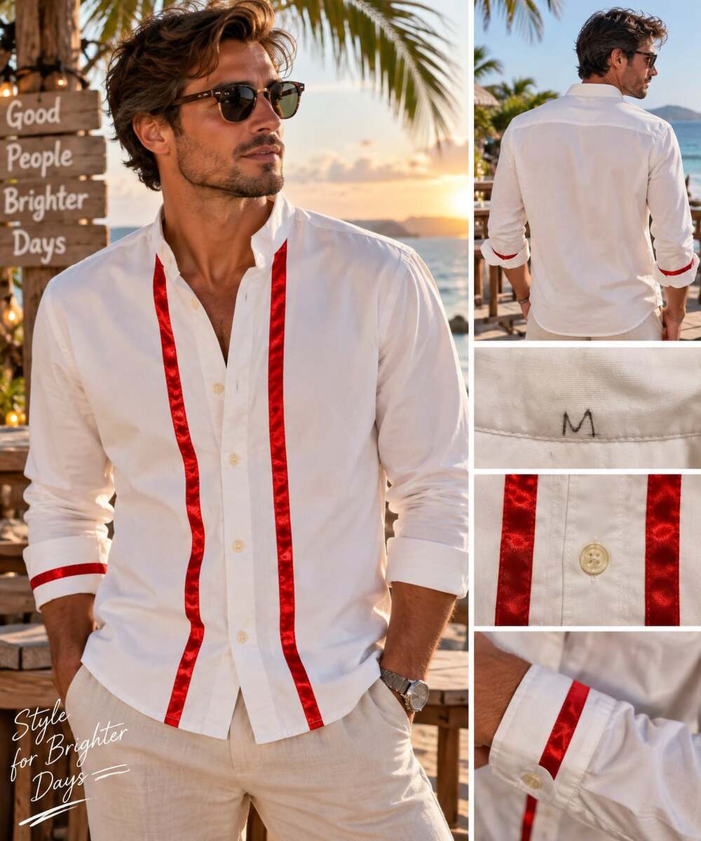 Unbranded Banded Collar Dress Shirt Size M White Red Stripes